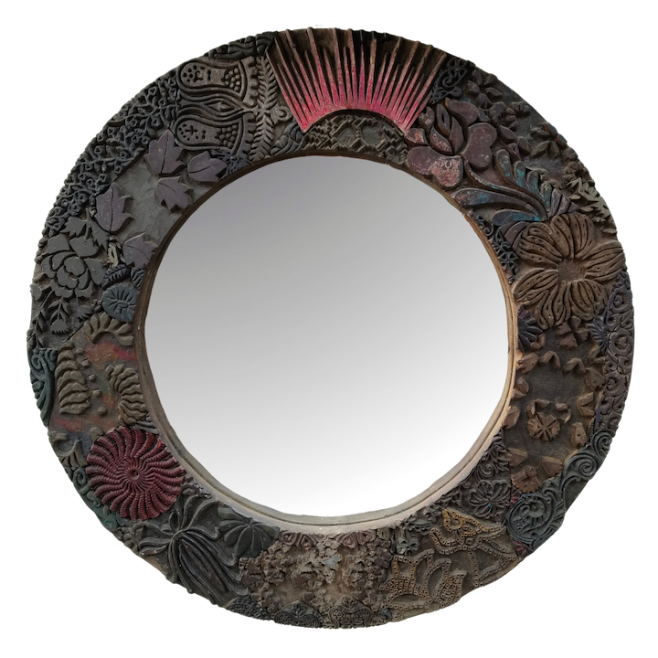 55CM ROUND WOOD BLOCK MIRROR