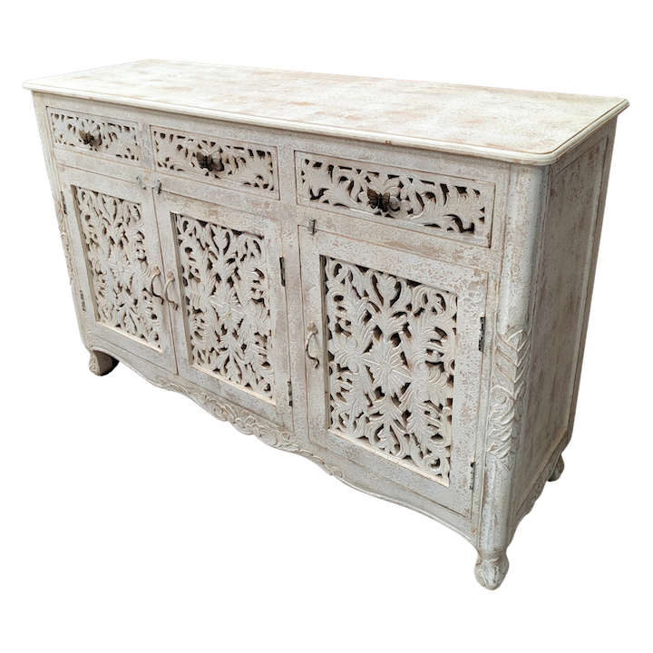 1.37M 3-DOOR 3-DRAWER ANTIQUE WHITE BUTTERFLY SIDEBOARD