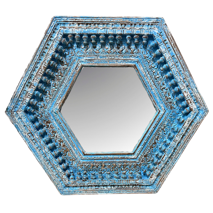 1M CARVED BLUE HEXAGONAL MIRROR