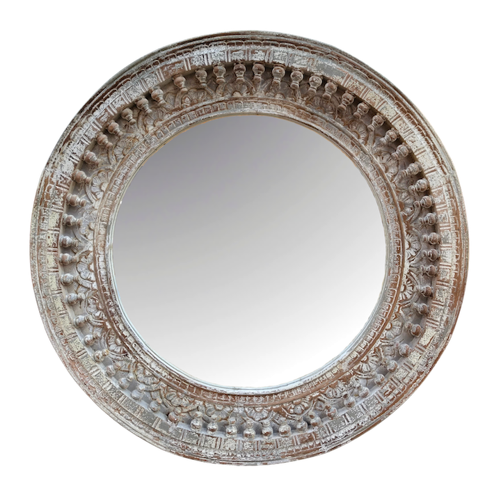 1M CARVED GREY WHITE ROUND MIRROR