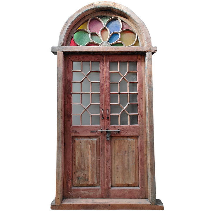 2.78M COLOURED GLASS ARCH TEAK DOORS