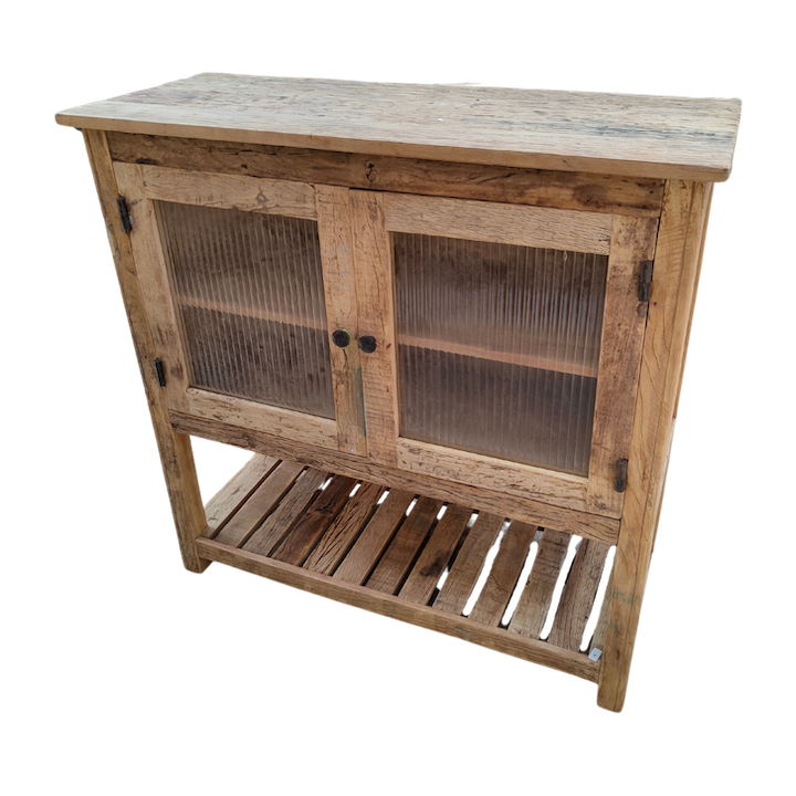 RIPPLE GLASS TEAK CABINET WITH SHELF